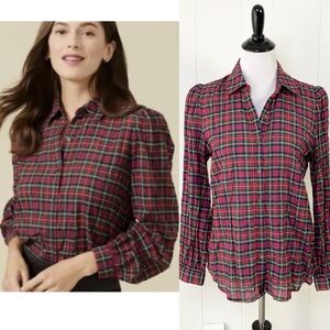 J.McLaughlin jewel button blouse shirt red plaid long sleeve holiday classic S